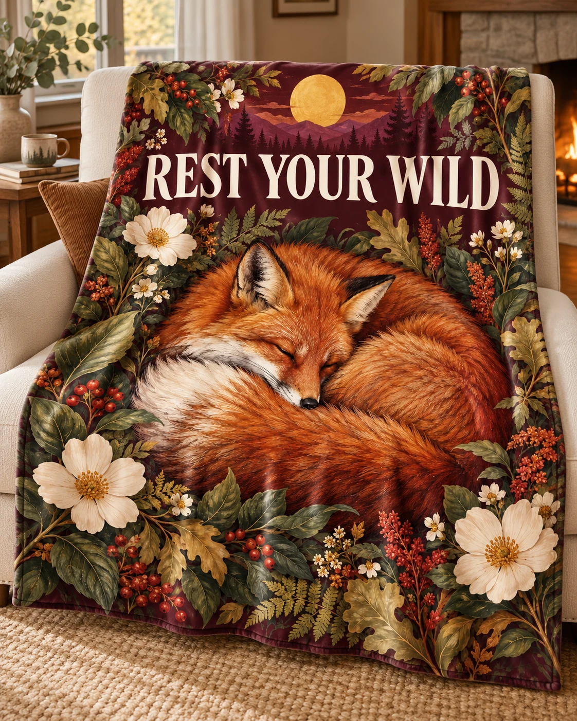 Concept of a velveteen blanket featuring a resting fox and leafy botanical artwork